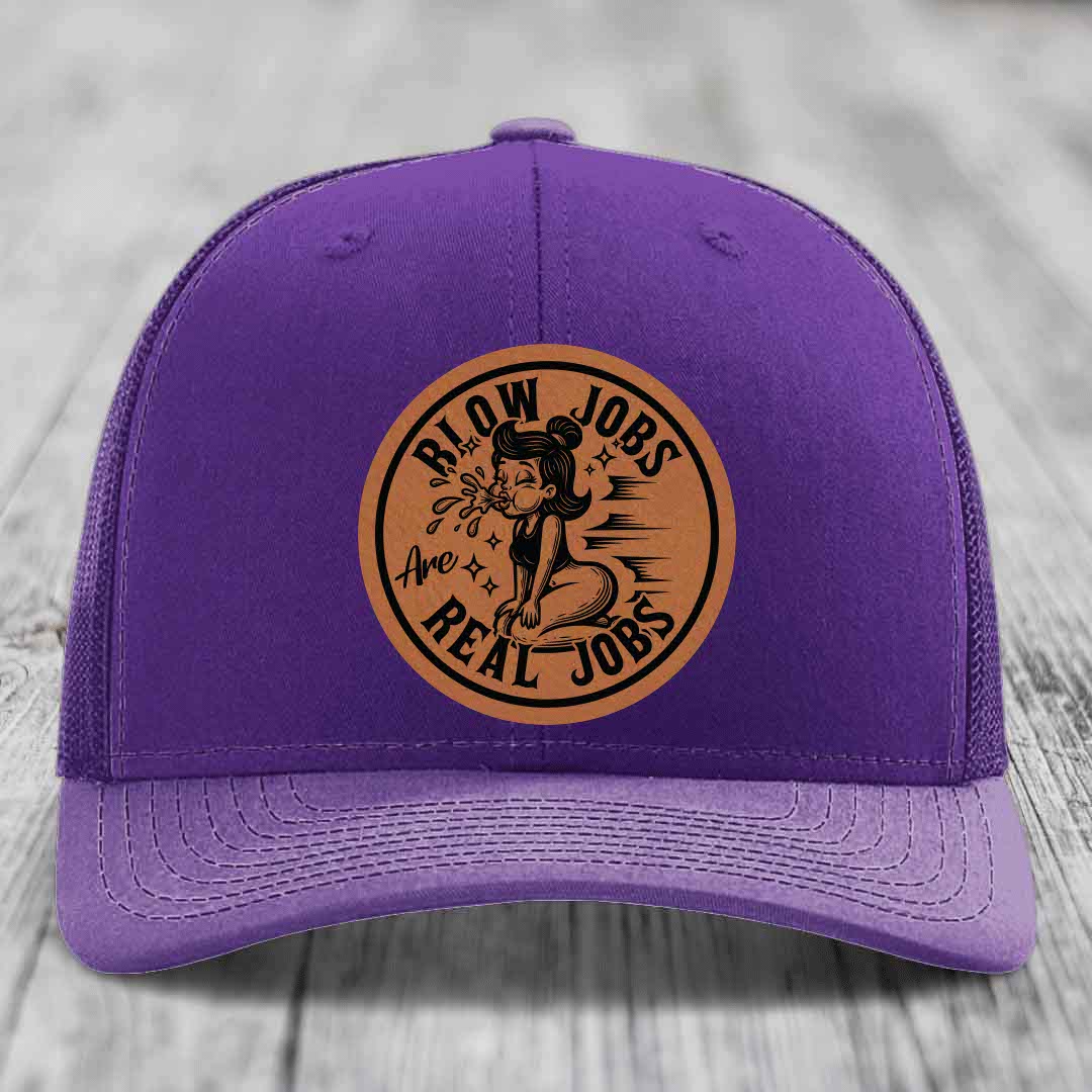 Blow Jobs Are Real Jobs - Leather Patch Hat - Rawhide to Black Patch - Richardson 112 Snapback Trucker Hat
