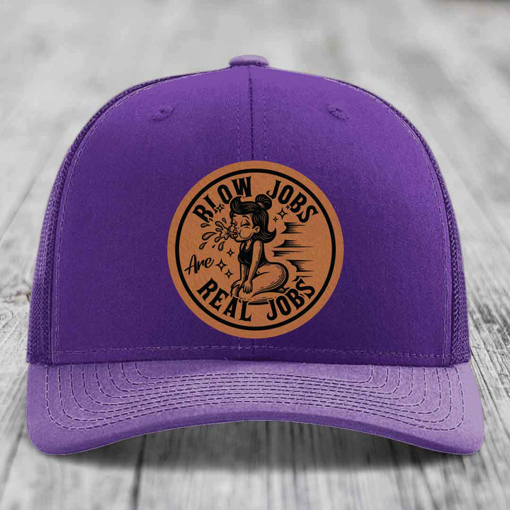 Blow Jobs Are Real Jobs - Leather Patch Hat - Rawhide to Black Patch - Richardson 112 Snapback Trucker Hat