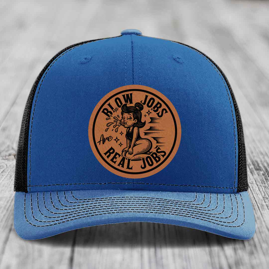 Blow Jobs Are Real Jobs - Leather Patch Hat - Rawhide to Black Patch - Richardson 112 Snapback Trucker Hat