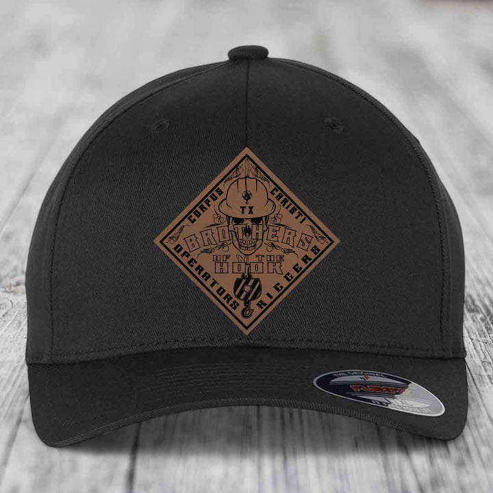 Brothers of the Hook (Corpus Christi) - Leather Patch Hat - Dark Brown to Black Patch - Flexfit 6277 Fitted Hat