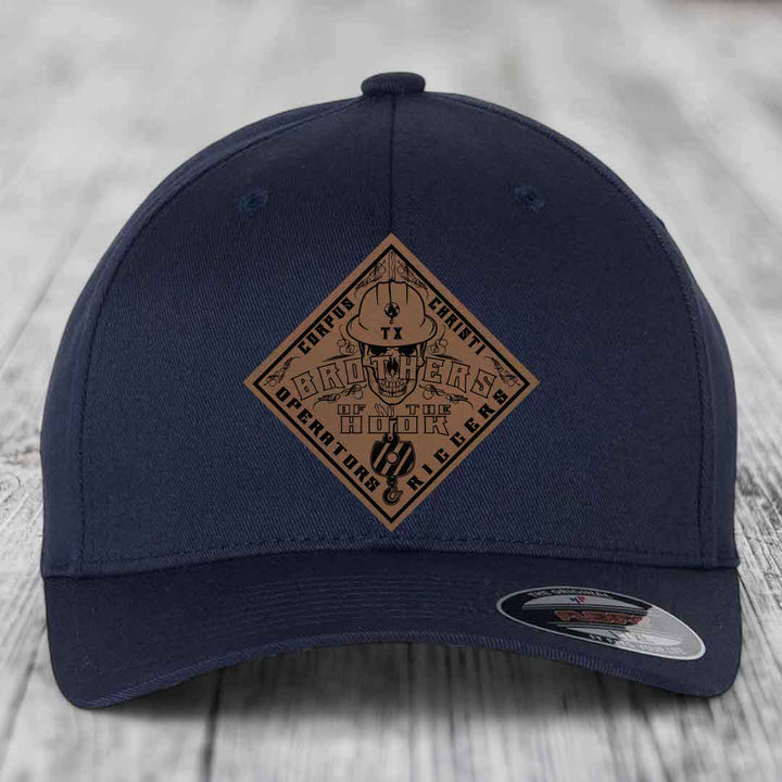 Brothers of the Hook (Corpus Christi) - Leather Patch Hat - Dark Brown to Black Patch - Flexfit 6277 Fitted Hat