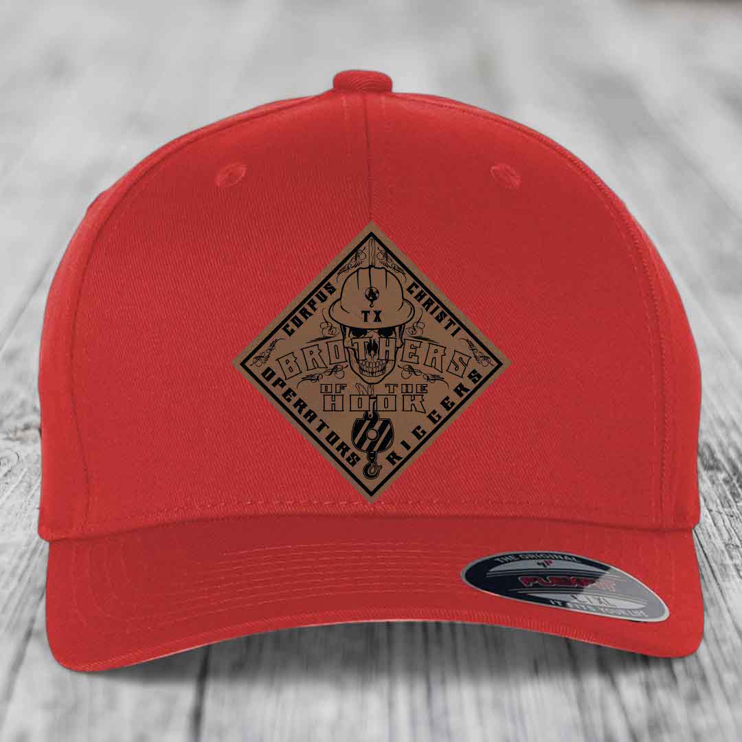 Brothers of the Hook (Corpus Christi) - Leather Patch Hat - Dark Brown to Black Patch - Flexfit 6277 Fitted Hat