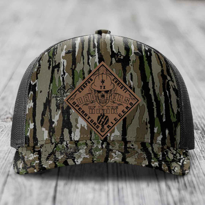 Brothers of the Hook (Corpus Christi) - Leather Patch Hat - Dark Brown to Black Patch - Richardson 112PFP Snapback Trucker Hat