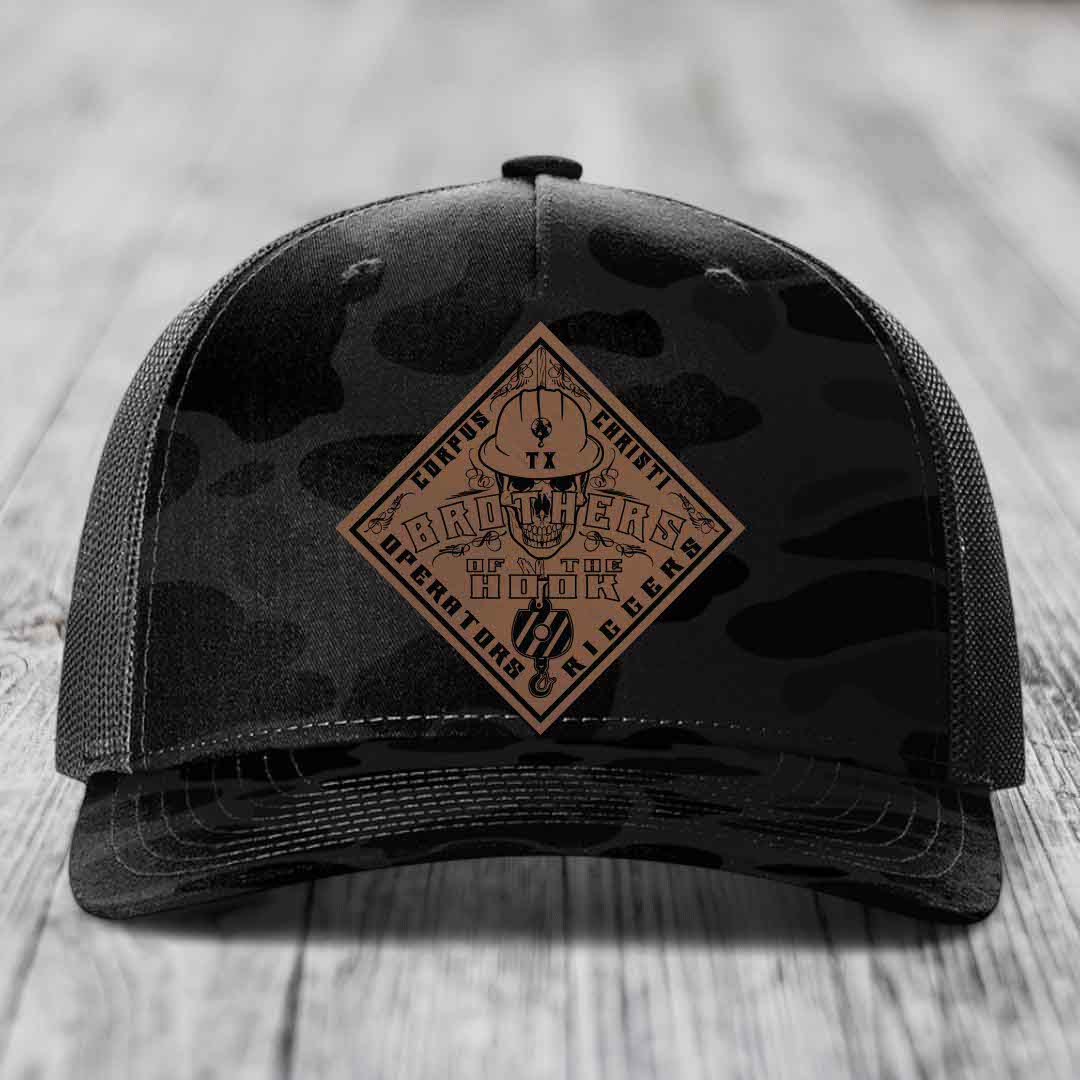 Brothers of the Hook (Corpus Christi) - Leather Patch Hat - Dark Brown to Black Patch - Richardson 112PFP Snapback Trucker Hat
