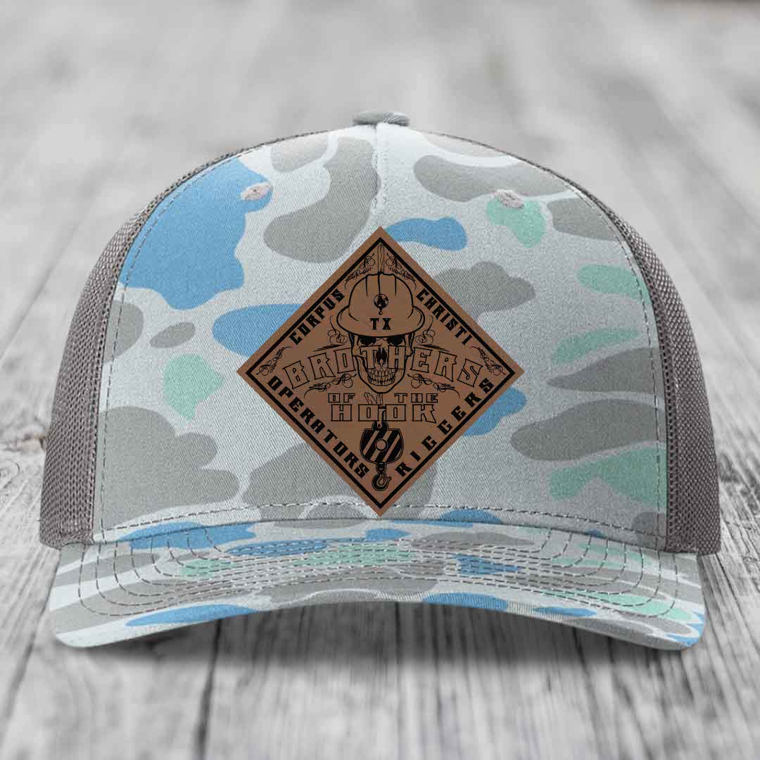 Brothers of the Hook (Corpus Christi) - Leather Patch Hat - Dark Brown to Black Patch - Richardson 112PFP Snapback Trucker Hat