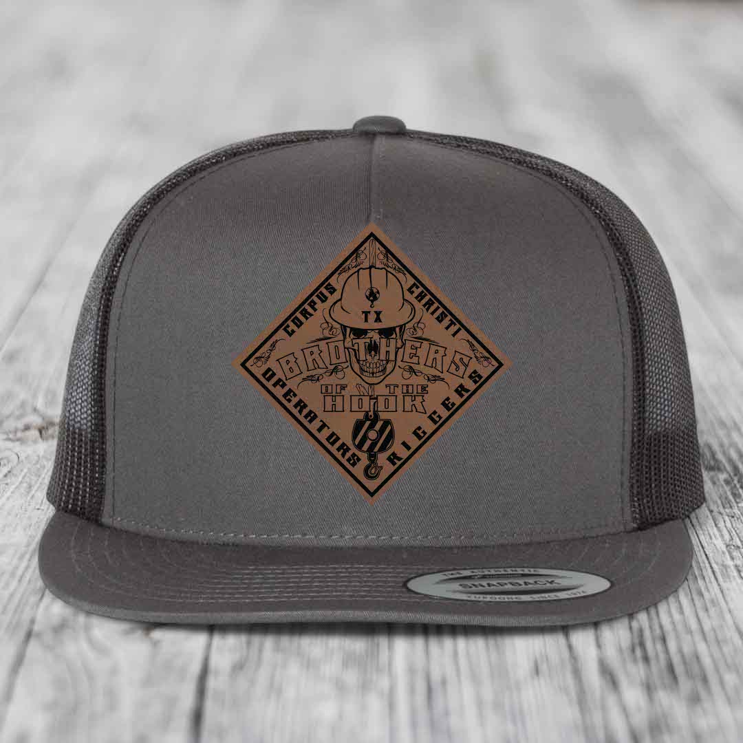 Brothers of the Hook (Corpus Christi) - Leather Patch Hat - Dark Brown to Black Patch - Yupoong 6006 Snapback Flatbill Hat