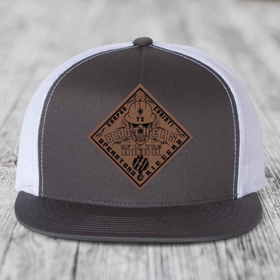 Brothers of the Hook (Corpus Christi) - Leather Patch Hat - Dark Brown to Black Patch - Yupoong 6006 Snapback Flatbill Hat