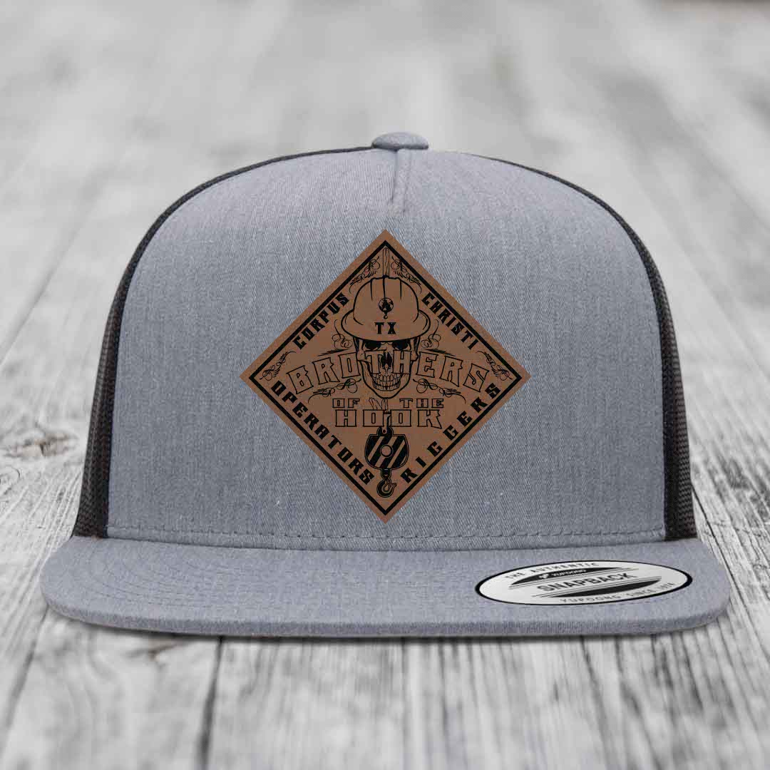 Brothers of the Hook (Corpus Christi) - Leather Patch Hat - Dark Brown to Black Patch - Yupoong 6006 Snapback Flatbill Hat