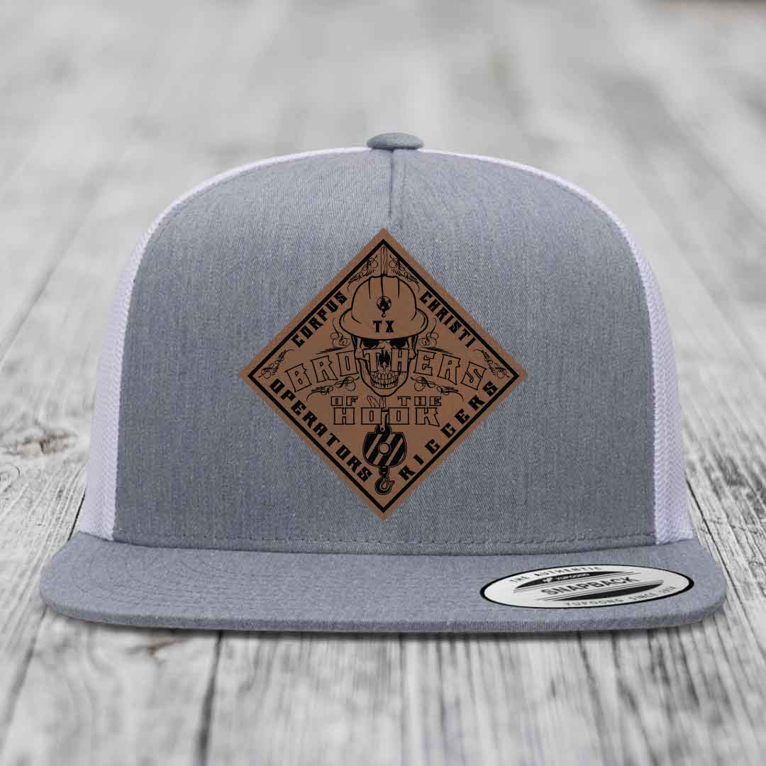 Brothers of the Hook (Corpus Christi) - Leather Patch Hat - Dark Brown to Black Patch - Yupoong 6006 Snapback Flatbill Hat