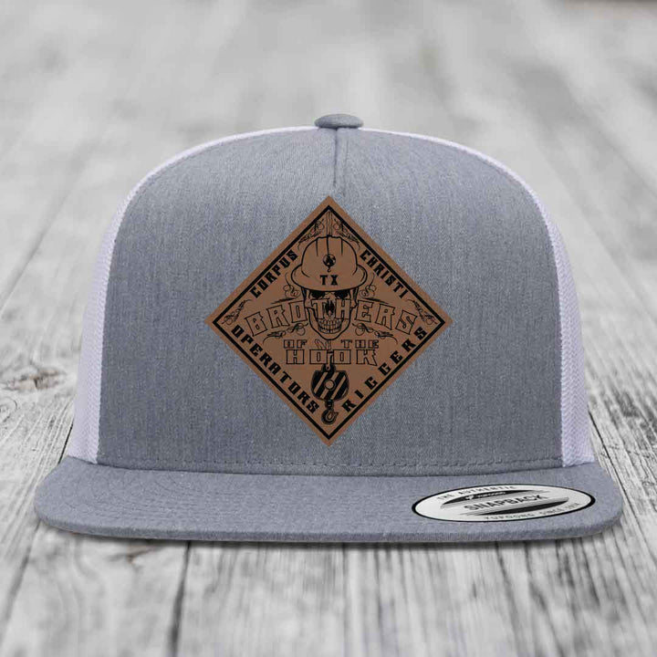 Brothers of the Hook (Corpus Christi) - Leather Patch Hat - Dark Brown to Black Patch - Yupoong 6006 Snapback Flatbill Hat