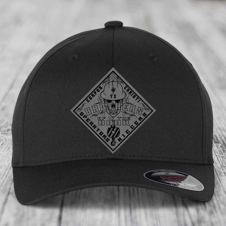 Brothers of the Hook (Corpus Christi) - Leather Patch Hat - Grey to Black Patch - Flexfit 6277 Fitted Hat