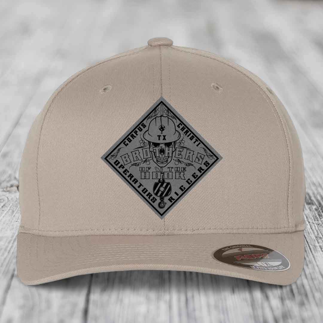 Brothers of the Hook (Corpus Christi) - Leather Patch Hat - Grey to Black Patch - Flexfit 6277 Fitted Hat