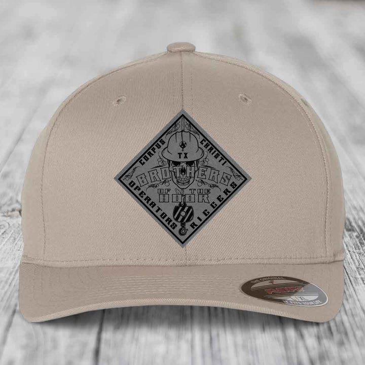 Brothers of the Hook (Corpus Christi) - Leather Patch Hat - Grey to Black Patch - Flexfit 6277 Fitted Hat