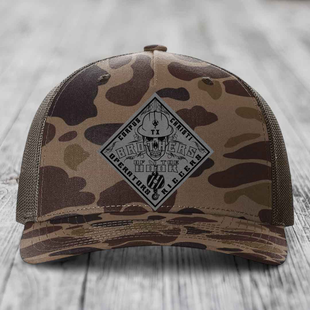 Brothers of the Hook (Corpus Christi) - Leather Patch Hat - Grey to Black Patch - Richardson 112PFP Snapback Trucker Hat