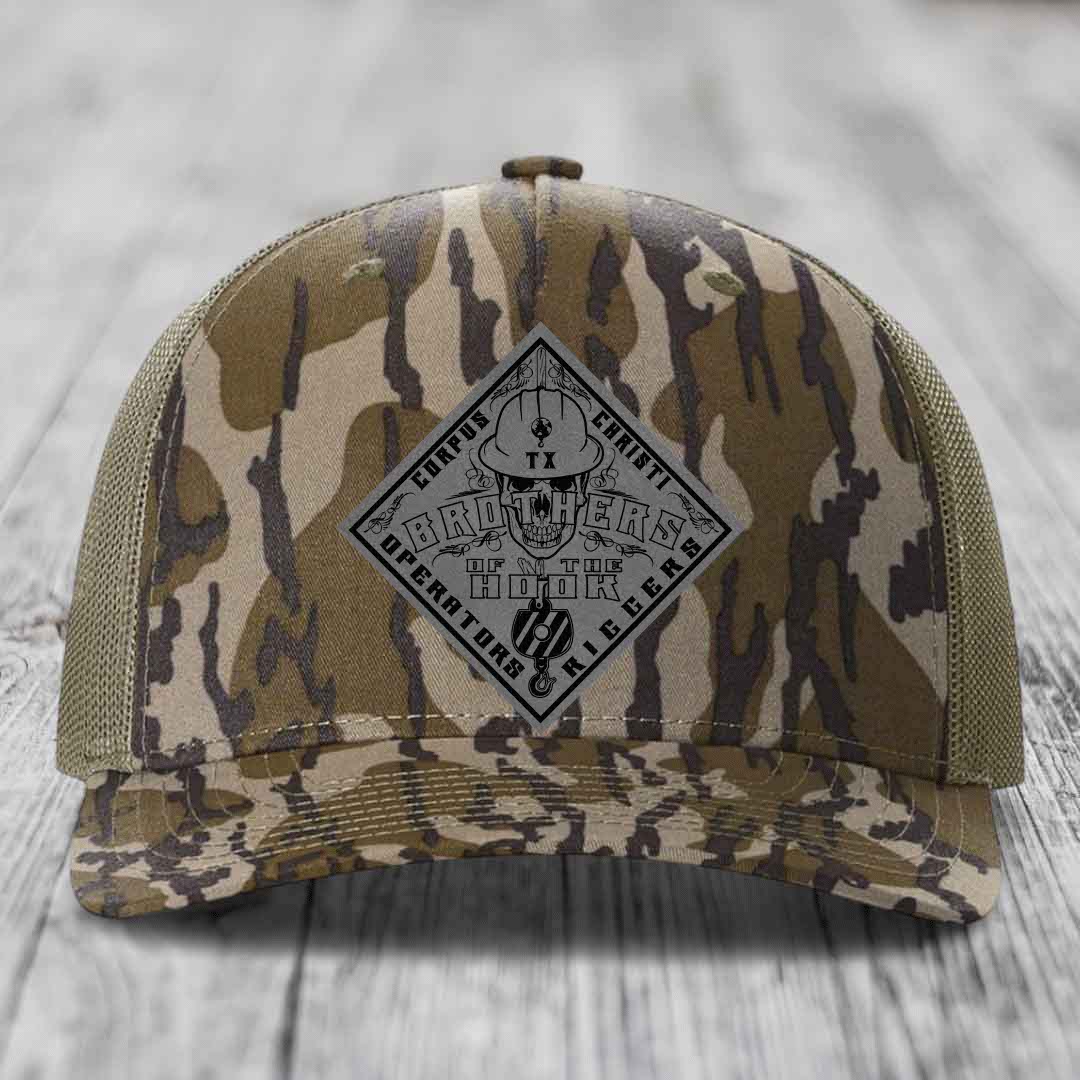 Brothers of the Hook (Corpus Christi) - Leather Patch Hat - Grey to Black Patch - Richardson 112PFP Snapback Trucker Hat