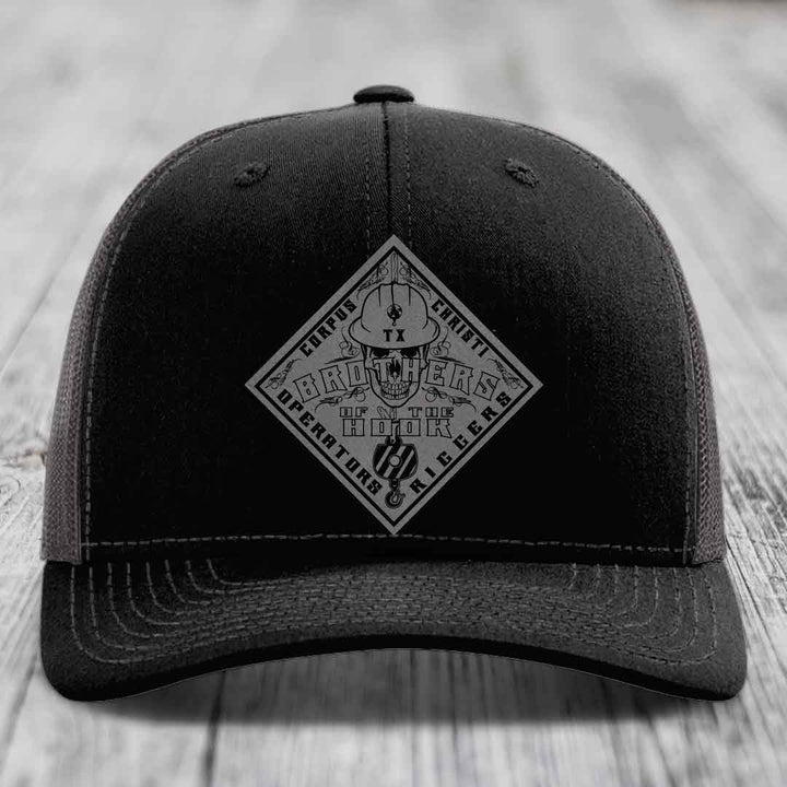 Brothers of the Hook (Corpus Christi) - Leather Patch Hat - Grey to Black Patch - Richardson 112 Snapback Trucker Hat