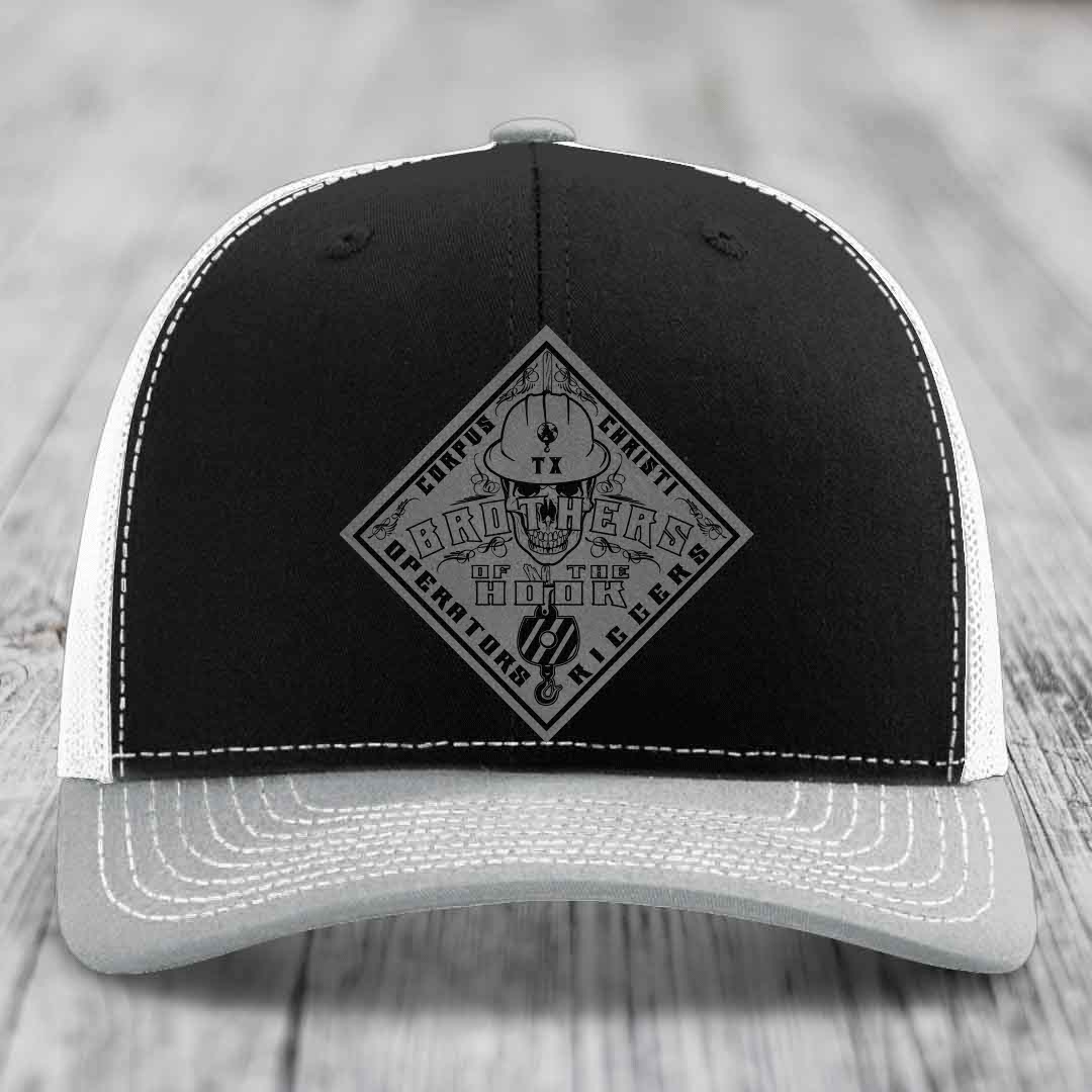Brothers of the Hook (Corpus Christi) - Leather Patch Hat - Grey to Black Patch - Richardson 112 Snapback Trucker Hat