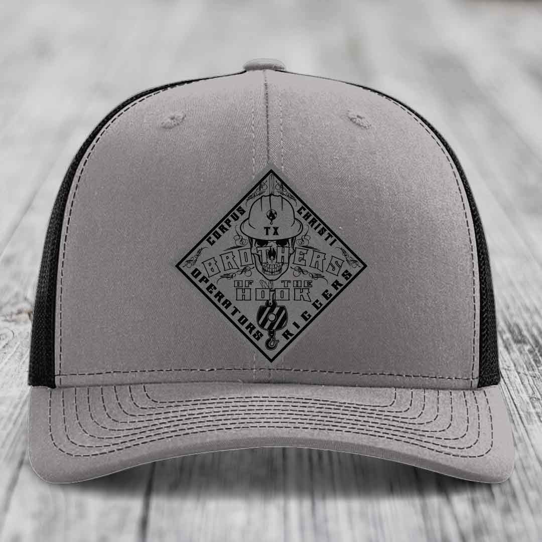 Brothers of the Hook (Corpus Christi) - Leather Patch Hat - Grey to Black Patch - Richardson 112 Snapback Trucker Hat