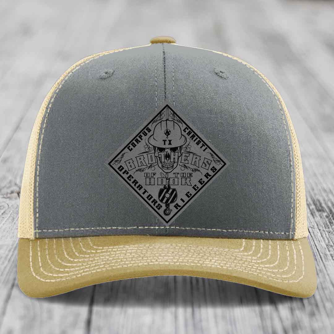 Brothers of the Hook (Corpus Christi) - Leather Patch Hat - Grey to Black Patch - Richardson 112 Snapback Trucker Hat