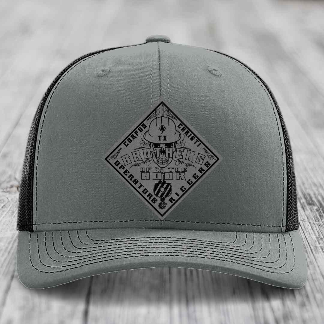 Brothers of the Hook (Corpus Christi) - Leather Patch Hat - Grey to Black Patch - Richardson 112 Snapback Trucker Hat
