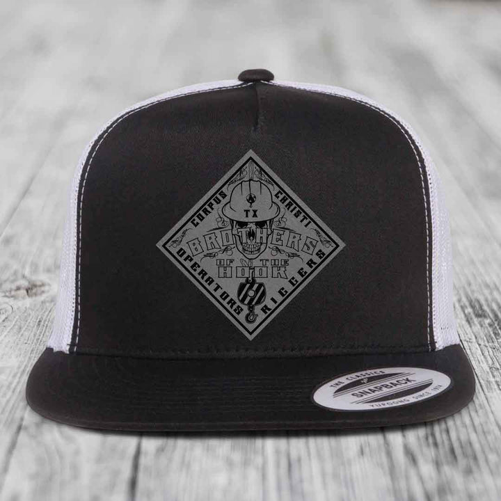 Brothers of the Hook (Corpus Christi) - Leather Patch Hat - Grey to Black Patch - Yupoong 6006 Snapback Flatbill Hat