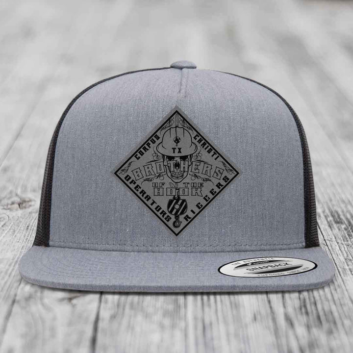 Brothers of the Hook (Corpus Christi) - Leather Patch Hat - Grey to Black Patch - Yupoong 6006 Snapback Flatbill Hat