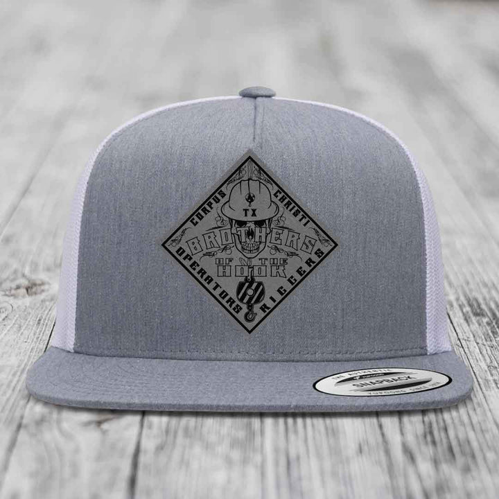 Brothers of the Hook (Corpus Christi) - Leather Patch Hat - Grey to Black Patch - Yupoong 6006 Snapback Flatbill Hat