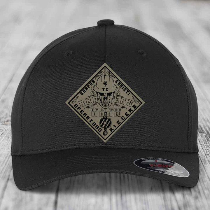 Brothers of the Hook (Corpus Christi) - Leather Patch Hat - Light Brown to Black Patch - Flexfit 6277 Fitted Hat