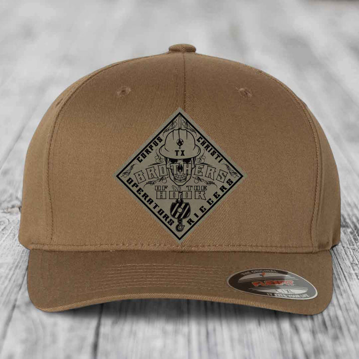 Brothers of the Hook (Corpus Christi) - Leather Patch Hat - Light Brown to Black Patch - Flexfit 6277 Fitted Hat