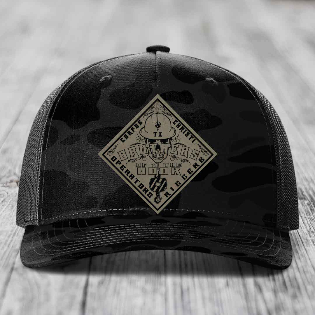 Brothers of the Hook (Corpus Christi) - Leather Patch Hat - Light Brown to Black Patch - Richardson 112PFP Snapback Trucker Hat