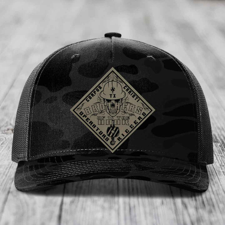 Brothers of the Hook (Corpus Christi) - Leather Patch Hat - Light Brown to Black Patch - Richardson 112PFP Snapback Trucker Hat