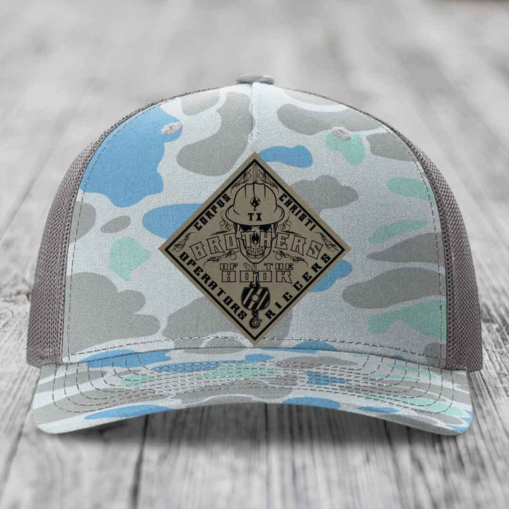 Brothers of the Hook (Corpus Christi) - Leather Patch Hat - Light Brown to Black Patch - Richardson 112PFP Snapback Trucker Hat