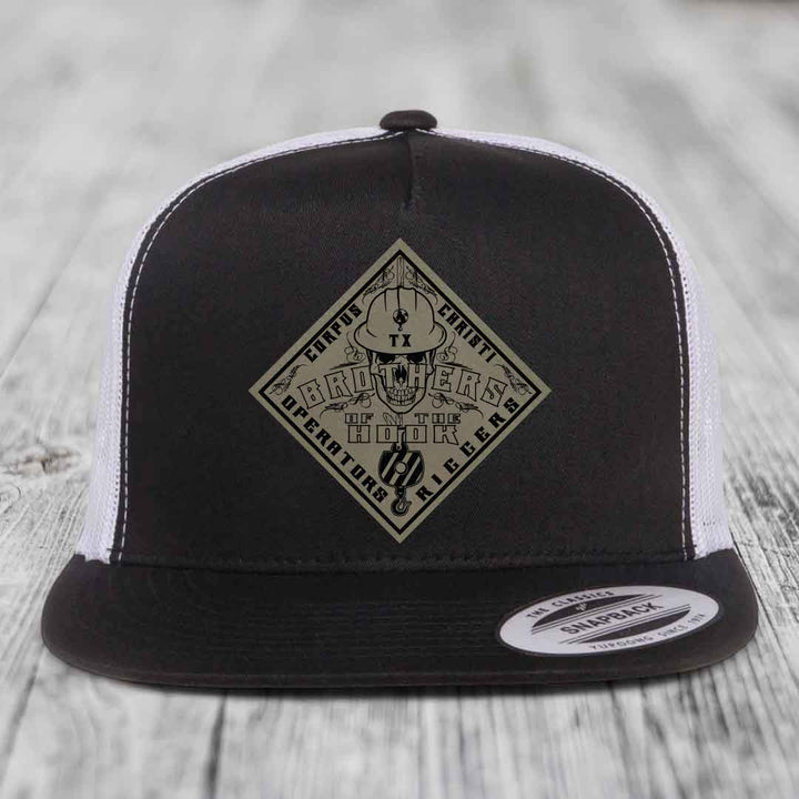 Brothers of the Hook (Corpus Christi) - Leather Patch Hat - Light Brown to Black Patch - Yupoong 6006 Snapback Flatbill Hat