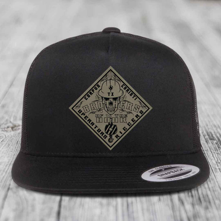 Brothers of the Hook (Corpus Christi) - Leather Patch Hat - Light Brown to Black Patch - Yupoong 6006 Snapback Flatbill Hat