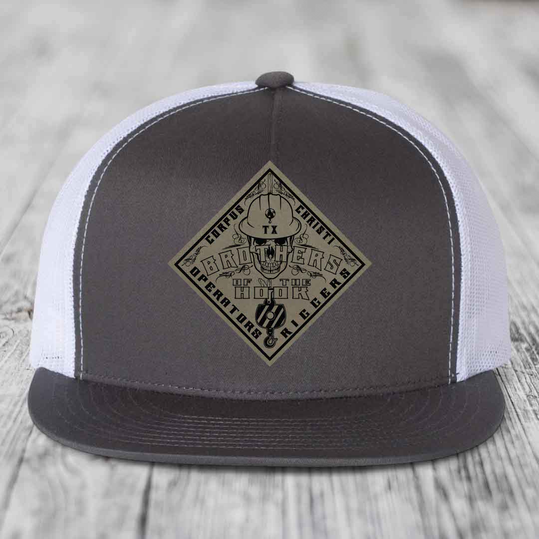 Brothers of the Hook (Corpus Christi) - Leather Patch Hat - Light Brown to Black Patch - Yupoong 6006 Snapback Flatbill Hat