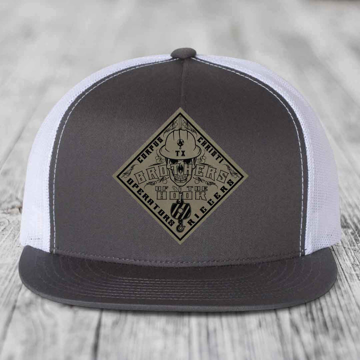 Brothers of the Hook (Corpus Christi) - Leather Patch Hat - Light Brown to Black Patch - Yupoong 6006 Snapback Flatbill Hat