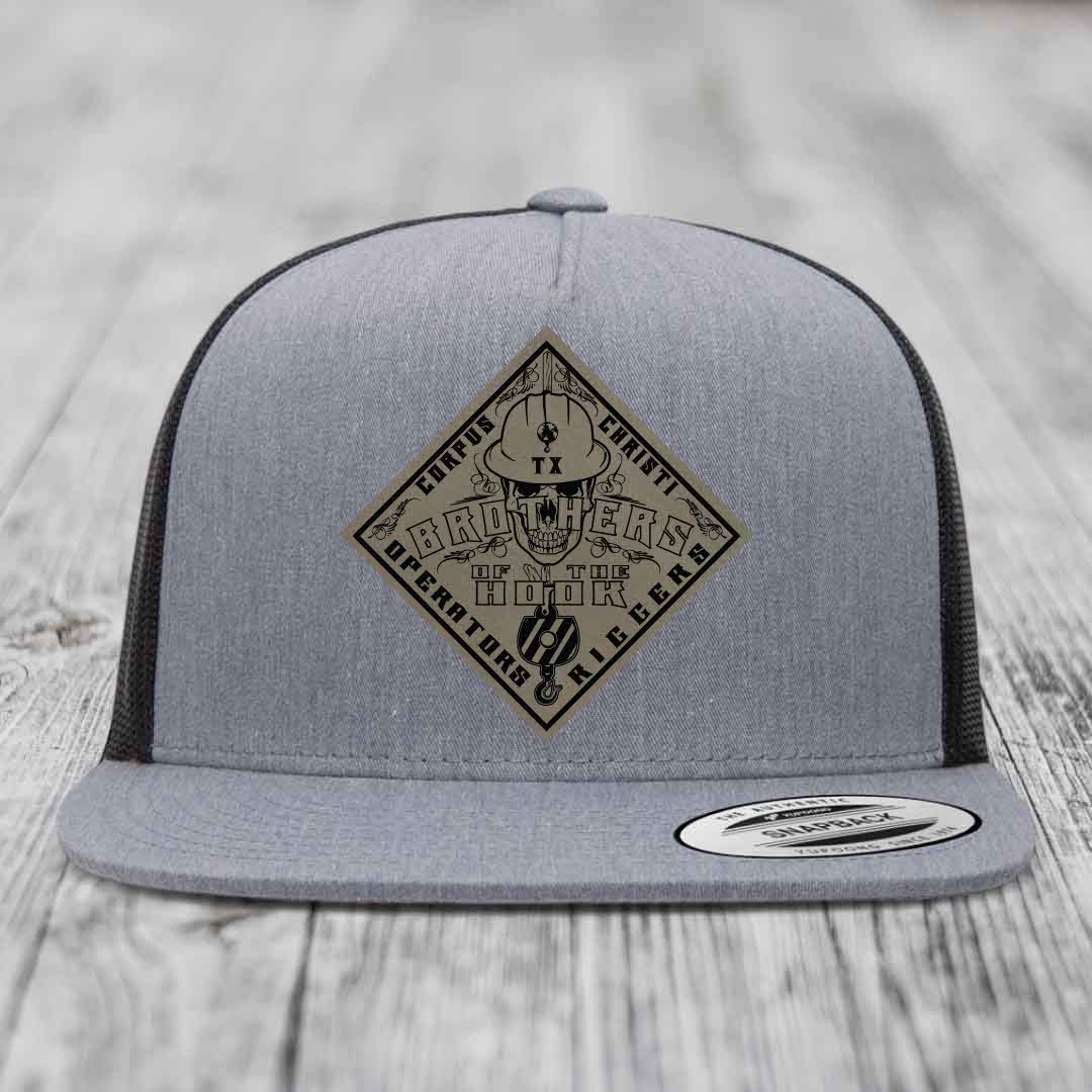 Brothers of the Hook (Corpus Christi) - Leather Patch Hat - Light Brown to Black Patch - Yupoong 6006 Snapback Flatbill Hat