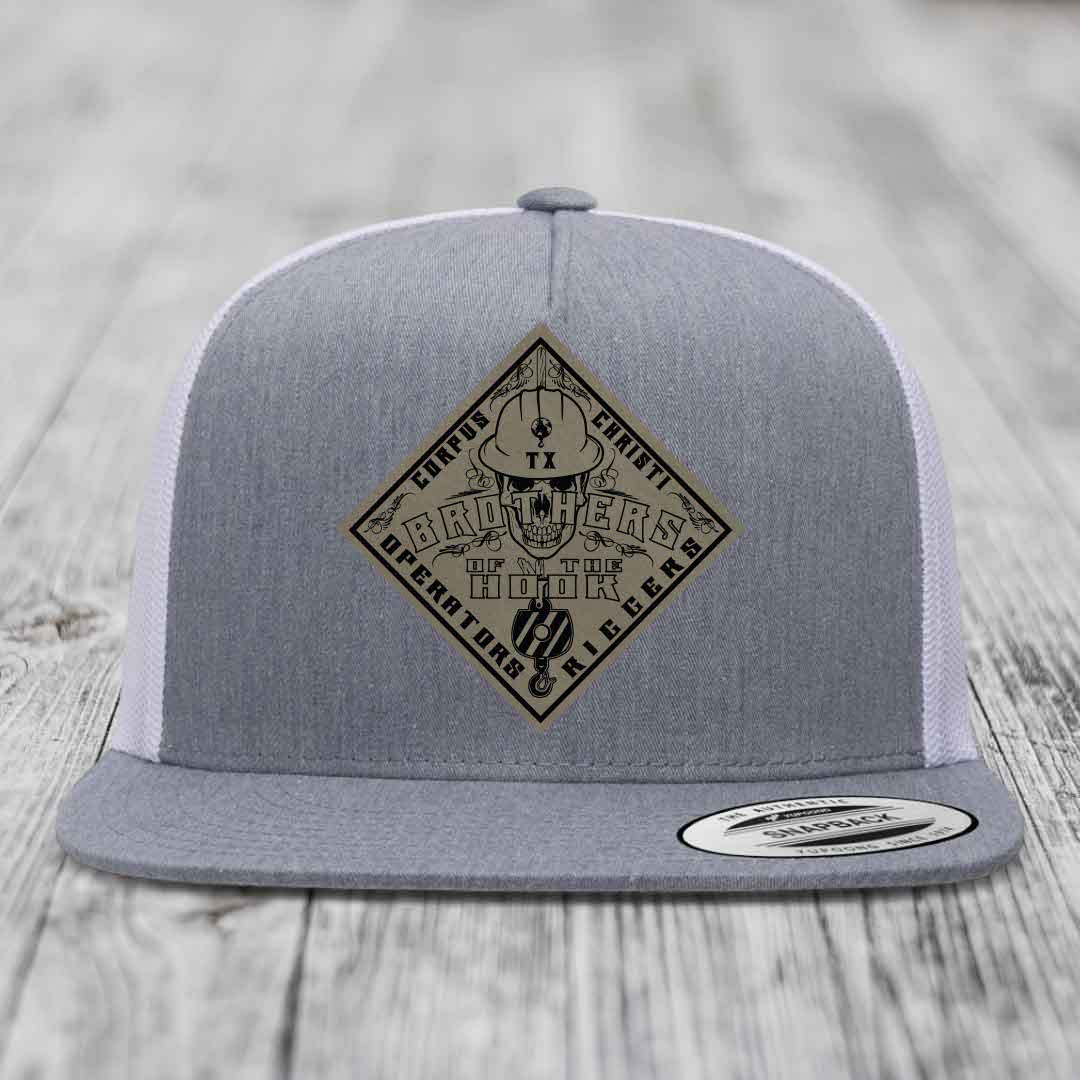 Brothers of the Hook (Corpus Christi) - Leather Patch Hat - Light Brown to Black Patch - Yupoong 6006 Snapback Flatbill Hat