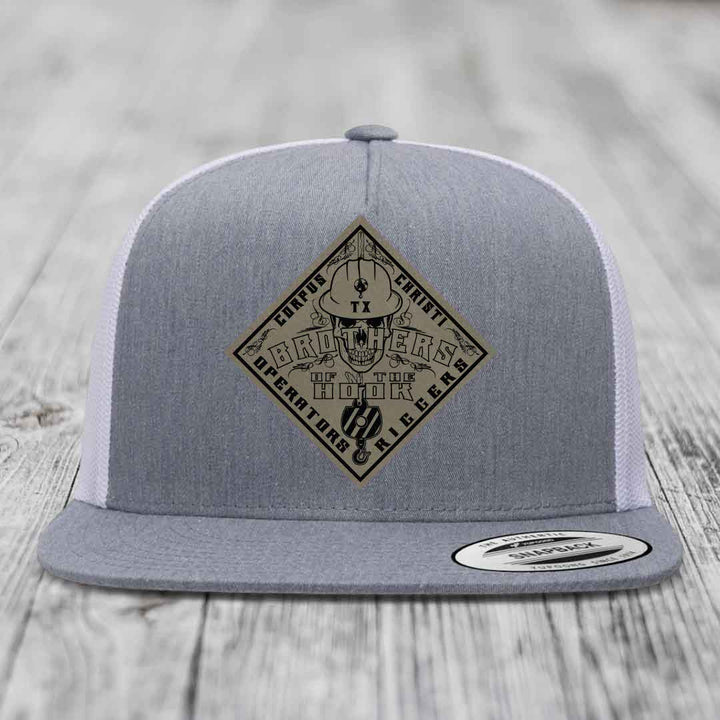Brothers of the Hook (Corpus Christi) - Leather Patch Hat - Light Brown to Black Patch - Yupoong 6006 Snapback Flatbill Hat