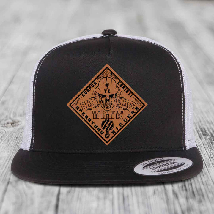 Brothers of the Hook (Corpus Christi) - Leather Patch Hat - Rawhide to Black Patch - Yupoong 6006 Snapback Flatbill Hat