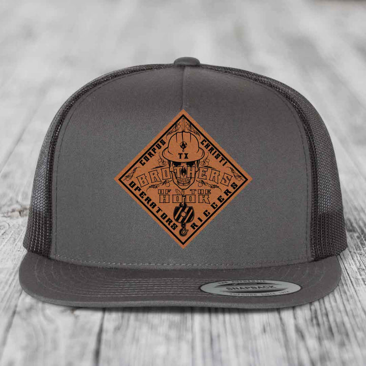 Brothers of the Hook (Corpus Christi) - Leather Patch Hat - Rawhide to Black Patch - Yupoong 6006 Snapback Flatbill Hat