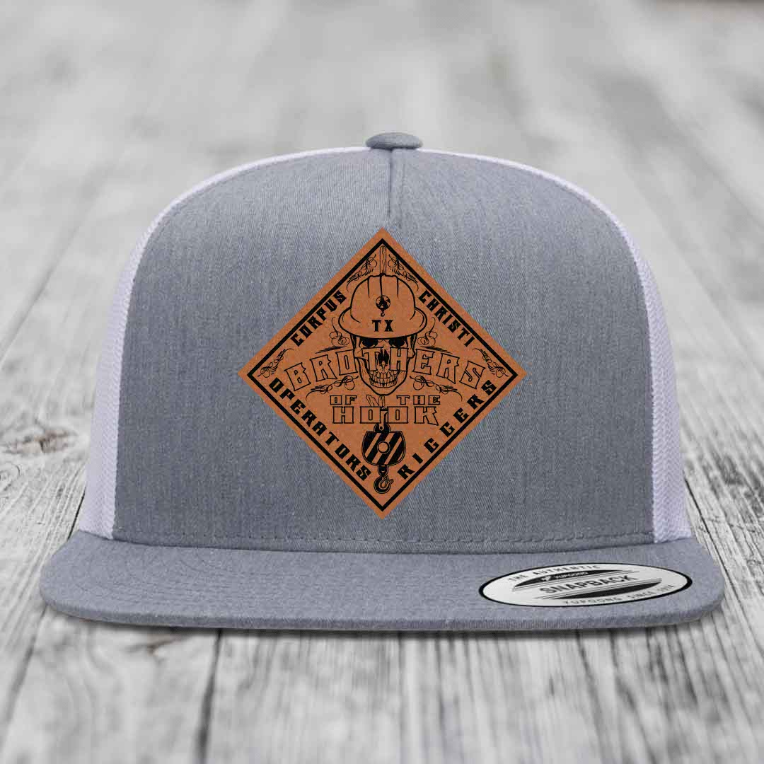 Brothers of the Hook (Corpus Christi) - Leather Patch Hat - Rawhide to Black Patch - Yupoong 6006 Snapback Flatbill Hat