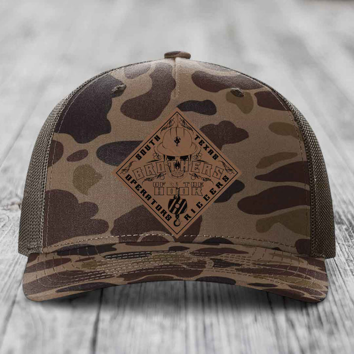 Brothers of the Hook (South Texas) - Leather Patch Hat - Dark Brown to Black Patch - Richardson 112PFP Snapback Trucker Hat