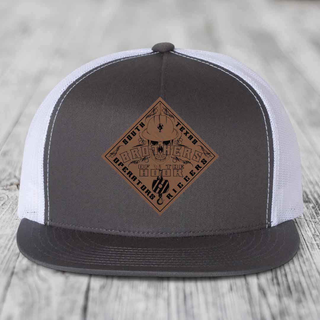 Brothers of the Hook (South Texas) - Leather Patch Hat - Dark Brown to Black Patch - Yupoong 6006 Snapback Flatbill Hat