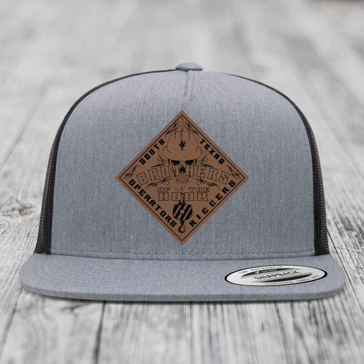 Brothers of the Hook (South Texas) - Leather Patch Hat - Dark Brown to Black Patch - Yupoong 6006 Snapback Flatbill Hat