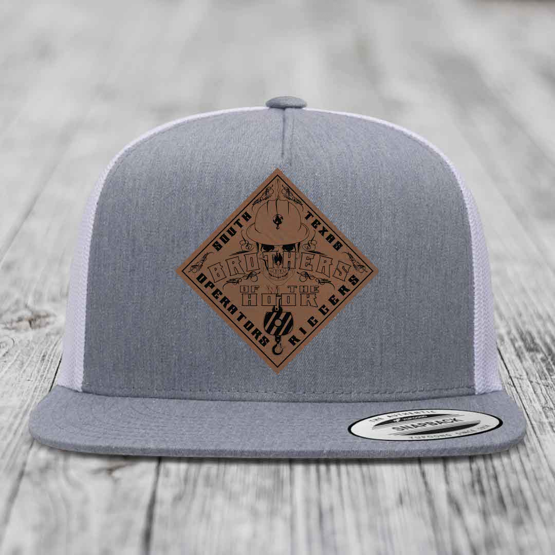 Brothers of the Hook (South Texas) - Leather Patch Hat - Dark Brown to Black Patch - Yupoong 6006 Snapback Flatbill Hat