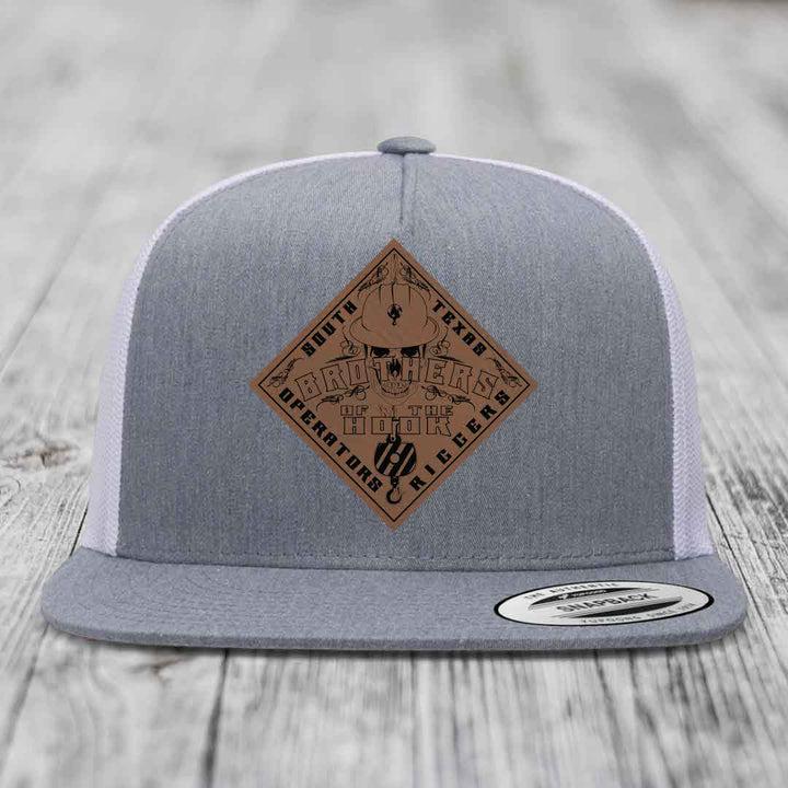 Brothers of the Hook (South Texas) - Leather Patch Hat - Dark Brown to Black Patch - Yupoong 6006 Snapback Flatbill Hat