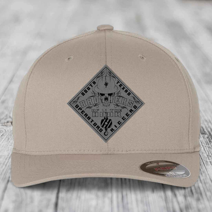 Brothers of the Hook (South Texas) - Leather Patch Hat - Grey to Black Patch - Flexfit 6277 Fitted Hat