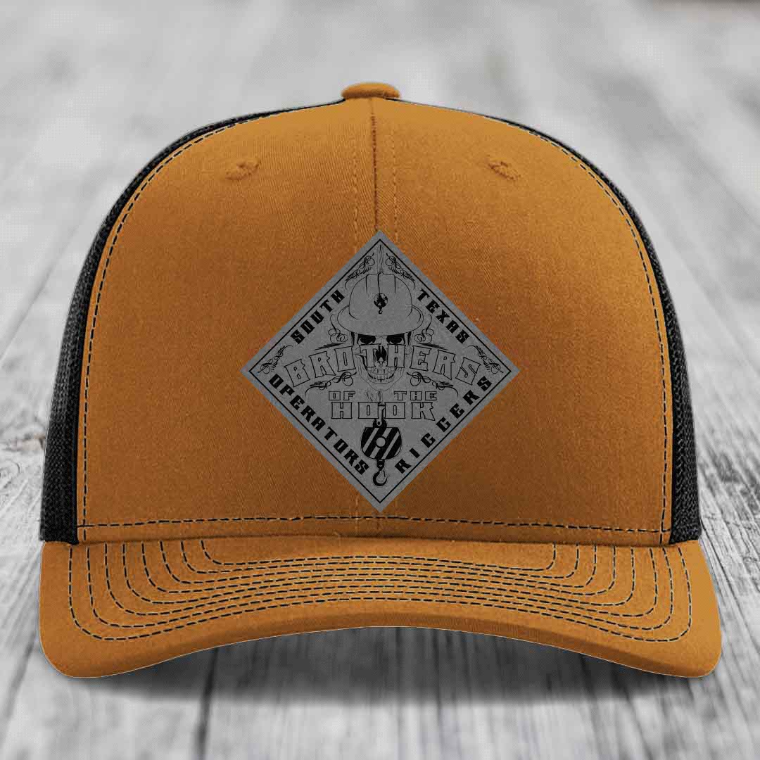 Brothers of the Hook (South Texas) - Leather Patch Hat - Grey to Black Patch - Richardson 112 Snapback Trucker Hat