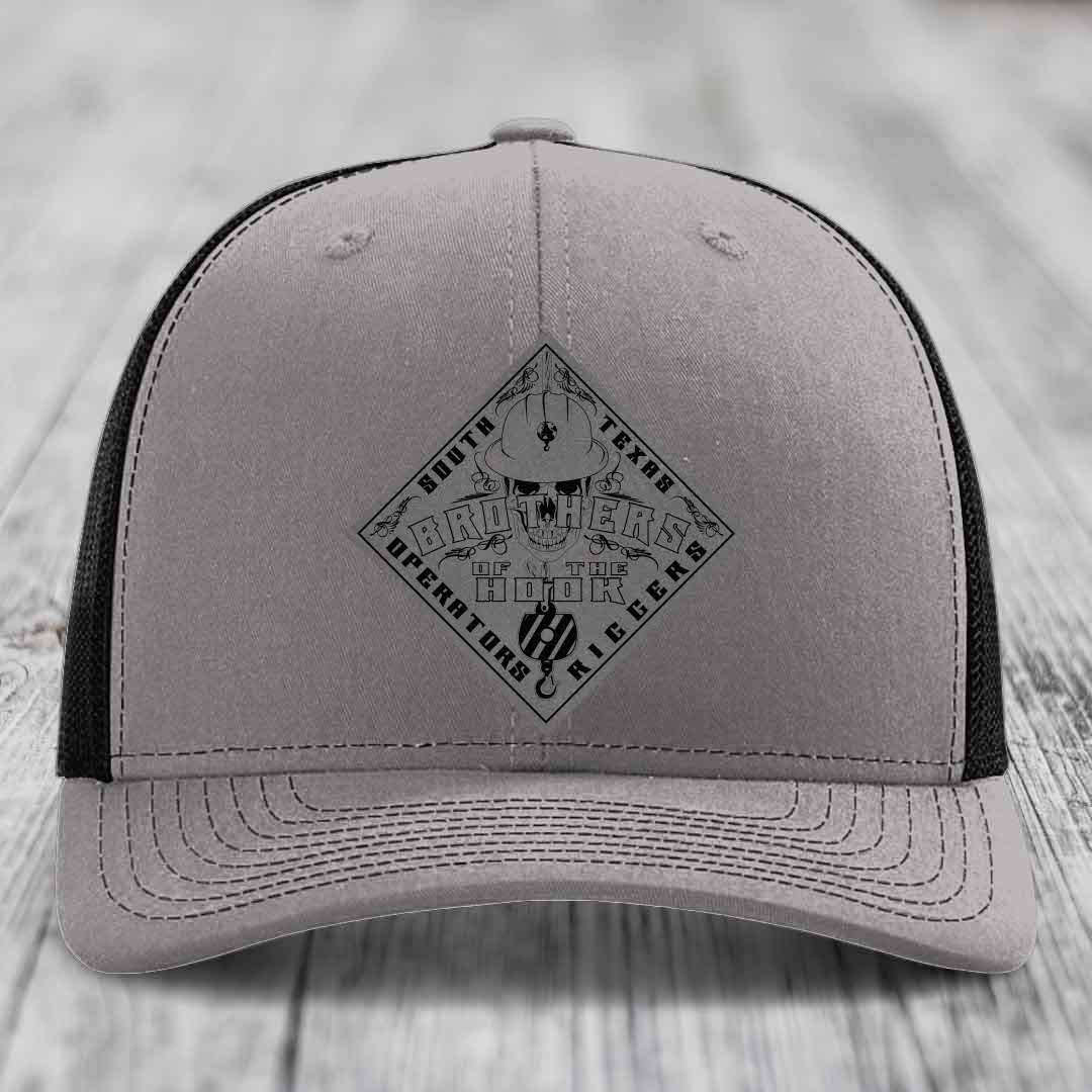 Brothers of the Hook (South Texas) - Leather Patch Hat - Grey to Black Patch - Richardson 112 Snapback Trucker Hat